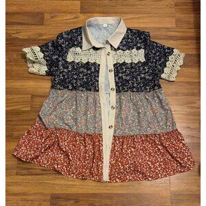 Boho Patchwork Floral Button Down Blouse Medium Crochet Lace Trim Tunic Top Cott